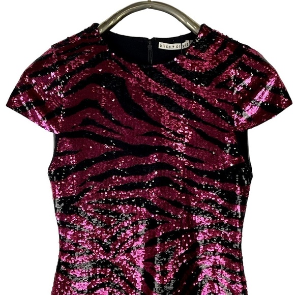ALICE + OLIVIA NAT ZEBRA TIGER BLACK PINK SEQUINED STRETCH SHEATH MINI DRESS - Picture 10 of 17
